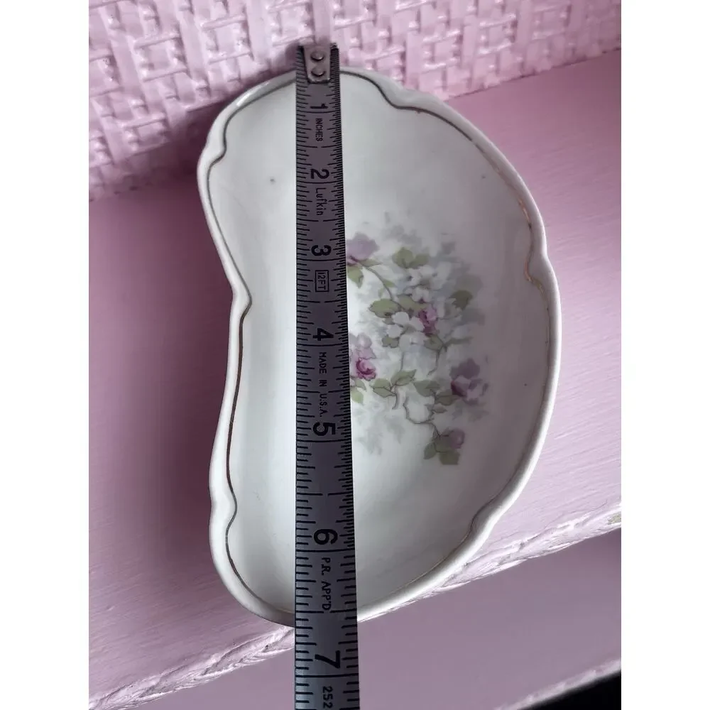 Antique Bone Crescent Salad Sauce Side Dish Bone Plate USA Pink Blossoms Vintage